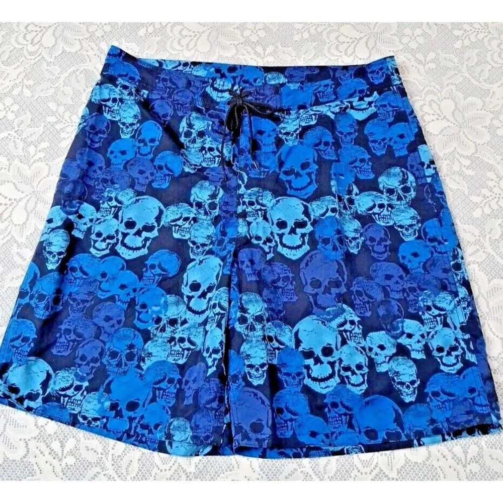 Phys Sci Apparel Board Shorts Men's Size 38 Unlined Blue Skulls Design Pre-owned